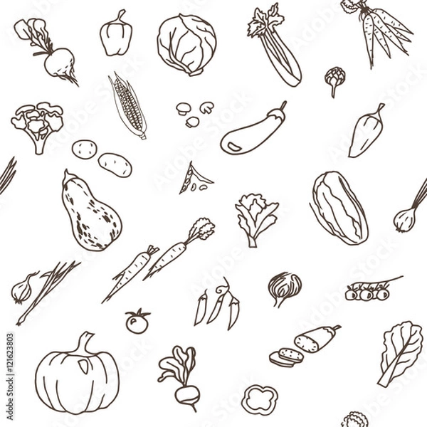 Fototapeta Hand-drawn seamless doodles pattern with different vegetables: tomato, onion, pumpkin, potatoes, cabbage etc. Harvest repeated background. Line art