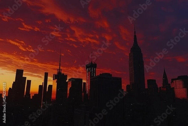 Fototapeta City Skyline Gradient: A cityscape at dusk with buildings in silhouette against a sky transitioning from fiery red to deep purple
