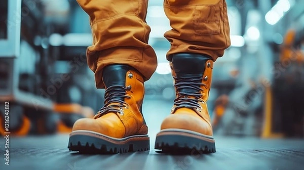Fototapeta Factory workers wearing safety shoes and working uniforms standing in the factory