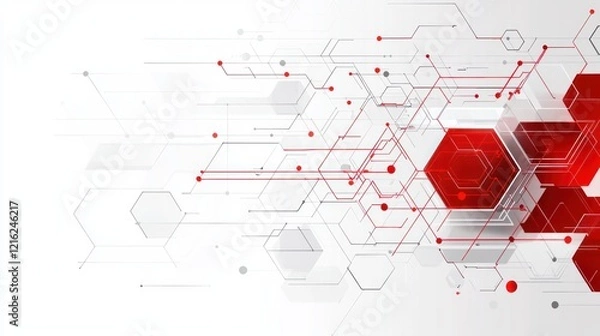 Fototapeta Abstract red and grey tech background with hexagons and lines.