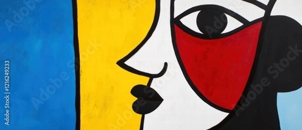 Obraz Face, abstraction and vibrant colors in modern artwork inspired by cubism showcasing creativity and emotion in contemporary interior design. Art, expression and style.