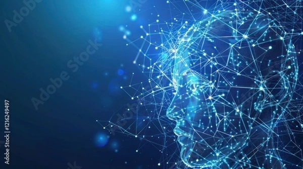 Fototapeta Digital Head Profile, Network, Blue Background, Data Visualization, AI Concept