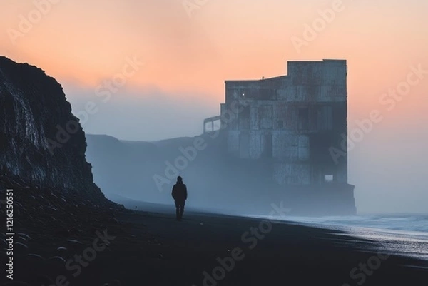 Fototapeta A solitary figure walks a misty black sand beach towards a derelict building at sunset.
