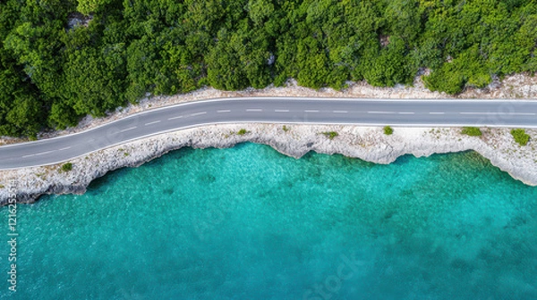 Obraz Aerial view of winding coastal road along cliffs by turquoise water