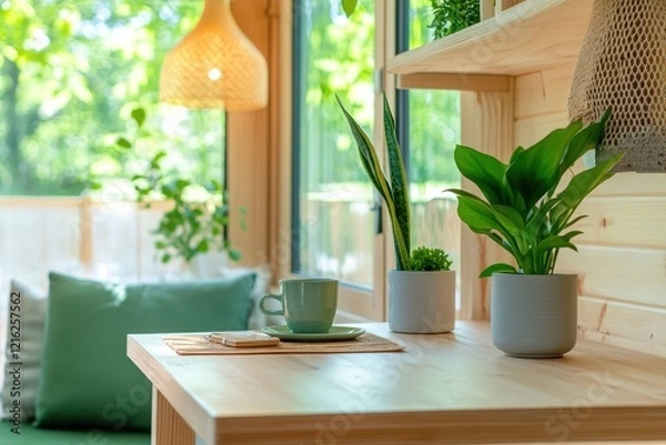 Fototapeta Close-up of an eco-friendly tiny home interior showcasing sustainable materials and cozy design elements.