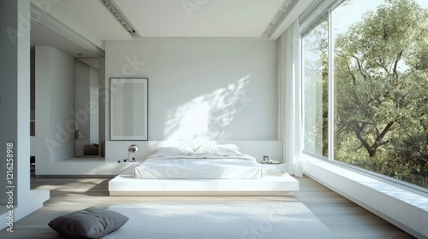 Fototapeta Minimalist white bedroom with large windows and modern decor