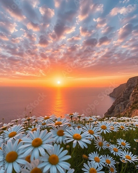 Fototapeta A breathtaking serene coastal landscape with white daisies field on mountain cliff with seascape view against orange hues sunset sky