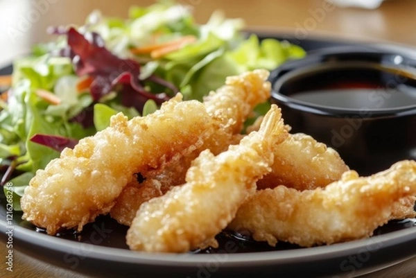Fototapeta Crispy tempura fish bites are plated alongside a tangy soy dipping sauce and a fresh salad, creating a delightful Japanese-inspired culinary experience
