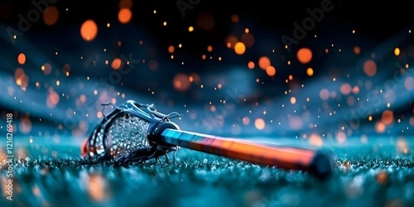 Fototapeta A lacrosse stick lying on grass, surrounded by a blurred background with sparkling lights. Concept Lacrosse Photography, Nature Background, Sparkling Lights, Sports Equipment, Artistic Composition