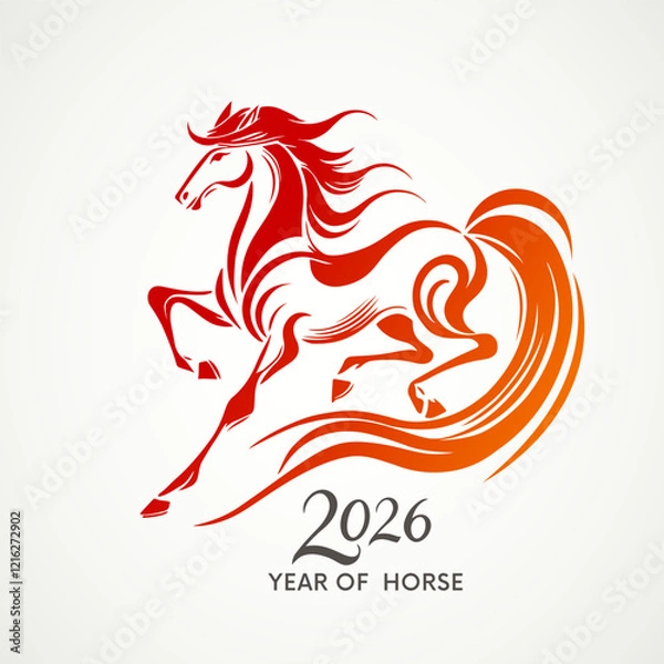 Fototapeta Running red fire horse symbol of new year 2026 according to Asian Chinese calendar. greeting card or banner. vector illustration