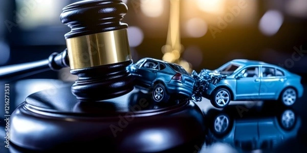 Fototapeta A gavel rests on a table beside miniature cars involved in a collision, symbolizing legal matters related to car accidents. Concept Legal Proceedings, Car Accident Litigation, Symbolic Imagery