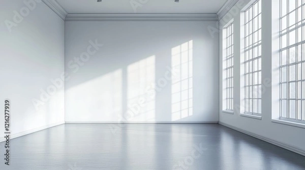 Fototapeta Bright, empty interior of a modern room with large windows casting shadows on the floor