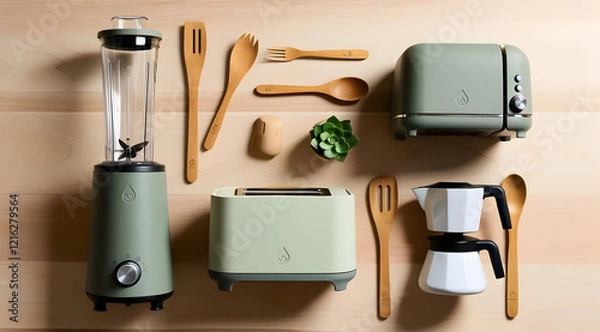 Obraz A modern kitchen setup featuring a blender, toaster, coffee maker, bamboo utensils, and a plant, all in soothing green tones on a wooden surface.