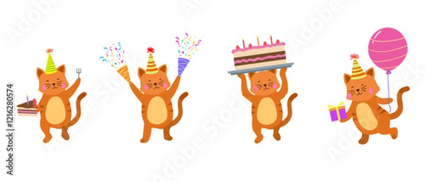 Fototapeta Happy birthday collection with cartoon cat characters. Birthday party vector illustration for greeting cards, invitations, events, posters, stickers, prints.