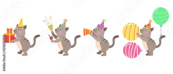 Fototapeta Happy birthday collection with cartoon cat characters. Birthday party vector illustration for greeting cards, invitations, events, posters, stickers, prints.