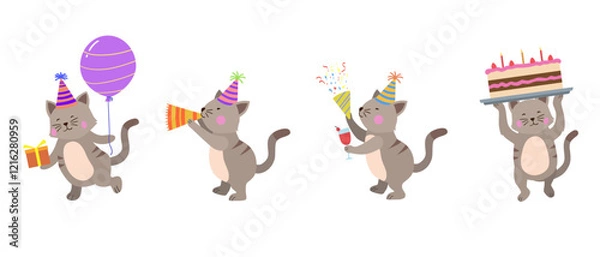 Fototapeta Happy birthday collection with cartoon cat characters. Birthday party vector illustration for greeting cards, invitations, events, posters, stickers, prints.