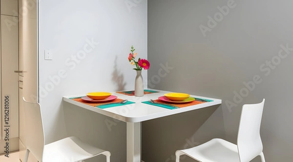 Obraz A cozy dining nook featuring a simple table, colorful plates, and a vase with flowers, set against a minimalist background.