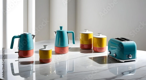 Fototapeta A colorful collection of kitchen appliances, including kettles and a toaster, arranged on a sleek surface with natural light highlighting their design.