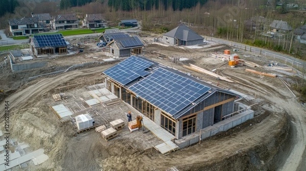 Fototapeta Construction site with solar panels being installed on a roof.