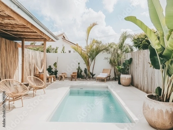Fototapeta Tranquil Minimalist Oasis Backyard Poolside Relaxation
