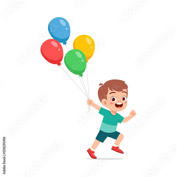 Fototapeta little kid holding balloon and feeling happy