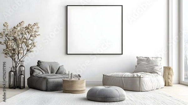 Fototapeta Minimalist interior space featuring an empty ISO A paper size frame mockup hanging on a clean white wall surrounded by elegant modern furniture and subtle lighting for a contemporary