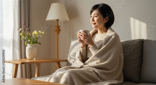 Obraz 部屋でホットドリンクを飲む女性　温活　白湯