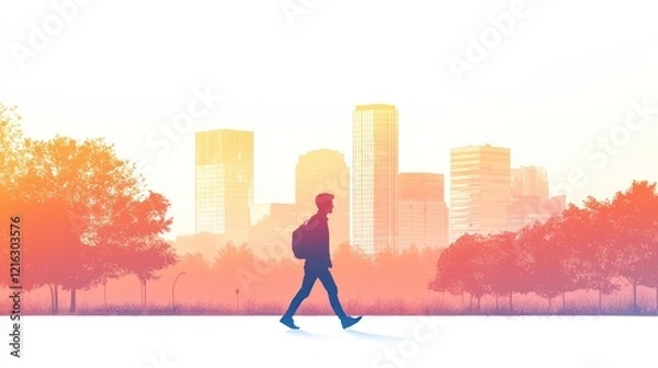 Fototapeta Young person walking in a city park during sunrise, on solid white background, single object.
