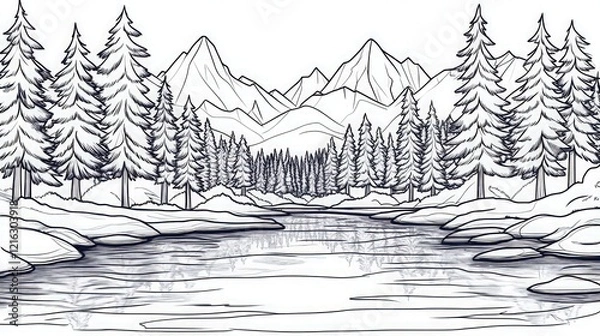 Fototapeta A bold black outline sketch of a forest landscape with a wide stream reflecting the towering trees. 