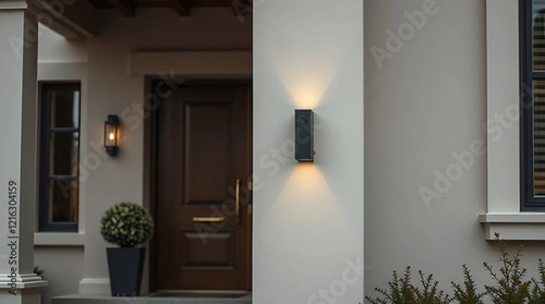 Fototapeta Modern House Exterior with Elegant Wall-Mounted Light Fixture. The contemporary design enhances the home's entrance, creating a warm and inviting ambiance at night.
