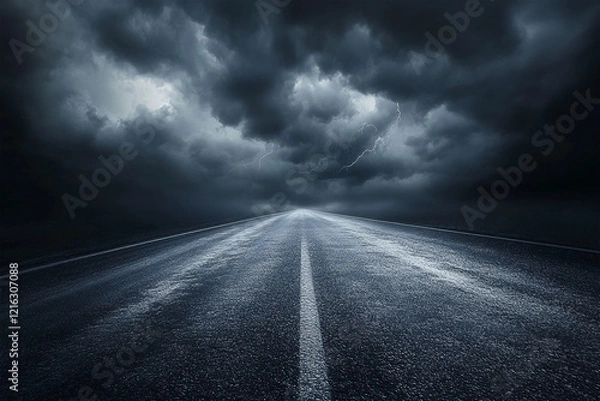 Fototapeta Open road under a foreboding stormy sky with visible lightning strikes at dusk