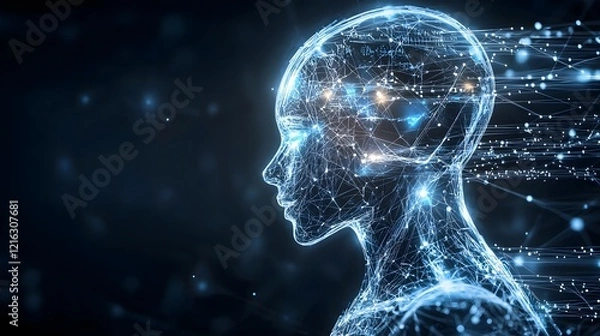 Fototapeta Futuristic Silhouette with Glowing Digital Interface Highlighting Machine Learning Big Data and Neural Networks on a Dark Background  Conceptual Representing the Advancement of Intelligence