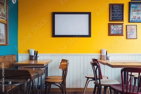 Fototapeta Vibrant Yellow Walls and Wooden Tables in a Cafe Interior Design