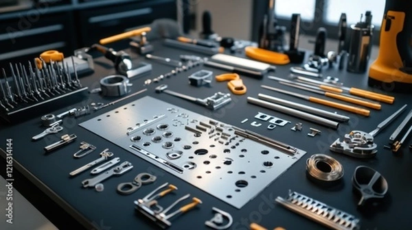 Obraz A mechanic aligns metal sheets for assembly, with precision tools arranged on the table.