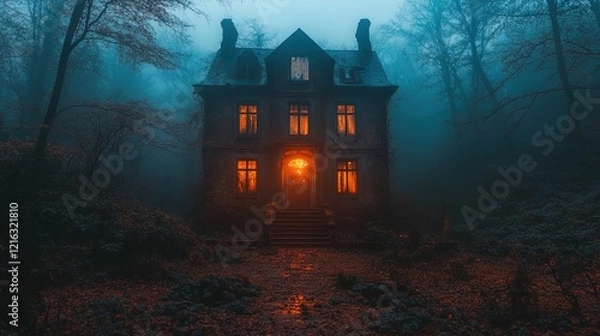 Fototapeta Haunted, abandoned house with broken windows and fog surrounding it, eerie light from inside, creepy atmosphere 