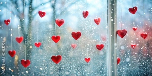 Fototapeta Red Valentine hearts falling on transparent glass window background with subtle snowfall and frosty texture, romantic