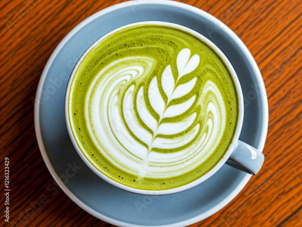 Fototapeta A top-down view of a vibrant green matcha latte served in a white ceramic cup on a matching blue-gray saucer. The drink features intricate latte art in the shape of a leaf, crafted with creamy white .