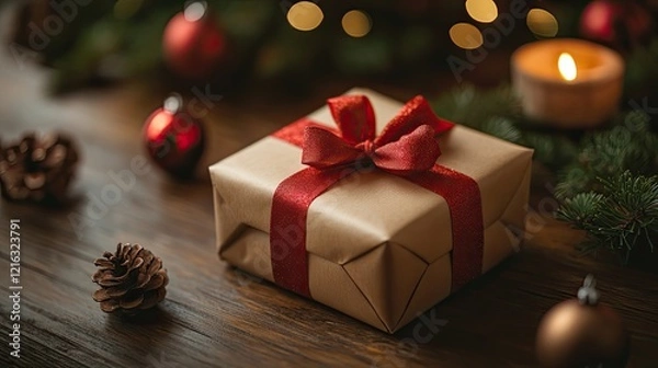 Fototapeta Festive Christmas gifts with red ribbons surrounded by holiday decorations on a rustic wooden table, creating a cozy scene