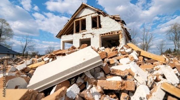 Fototapeta Rebuilding Architect's Vision After Disaster with Debris and Ruins of House Under Blue Sky and Fluffy Clouds