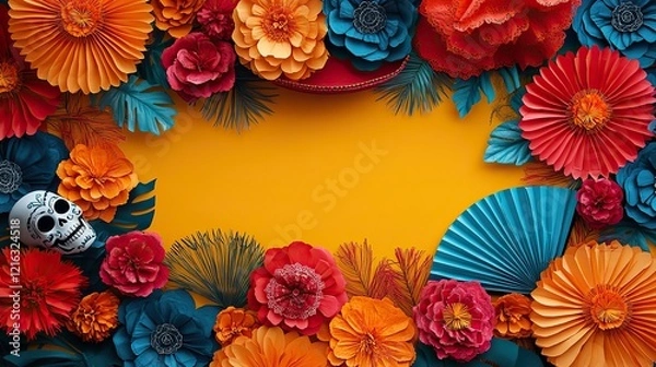 Fototapeta Festive Day of the Dead decorations with colorful fans, paper flowers, a sombrero, and playful skeleton themes arranged playfully on a vibrant yellow background
