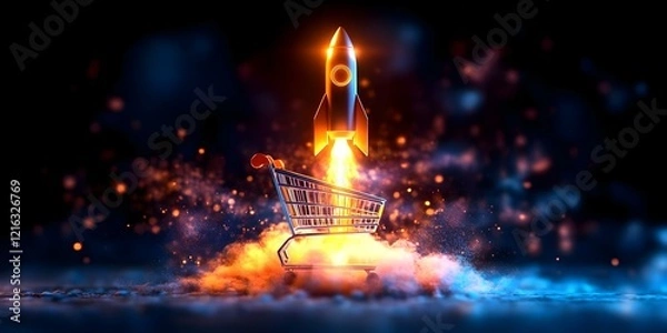 Fototapeta A shopping cart with a rocket launching from it, surrounded by colorful sparks and smoke, symbolizing dynamic growth or innovation. Concept Creative Concept Design, Dynamic Growth Symbol
