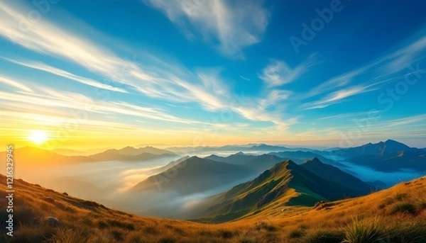 Fototapeta Panoramic view of a sunrise over misty mountains, with golden light illuminating grassy hills, peaks, and layers of distant mountains under a vibrant blue sky streaked with soft clouds.