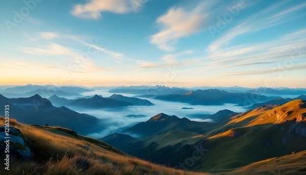 Fototapeta Panoramic view of a sunrise over misty mountains, with golden light illuminating grassy hills, peaks, and layers of distant mountains under a vibrant blue sky streaked with soft clouds.