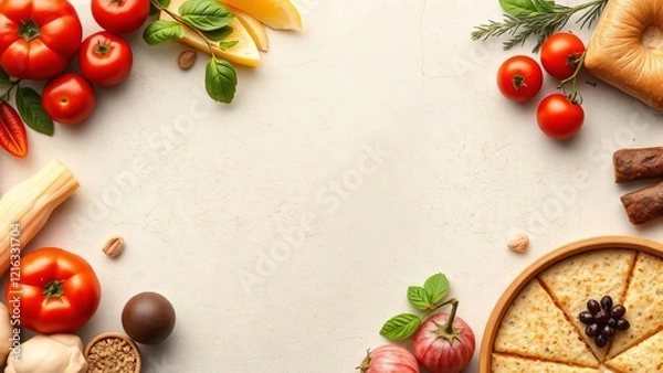 Obraz Mediterranean Food Flat Lay with Copy Space Tomatoes, Bread, and Other Ingredients