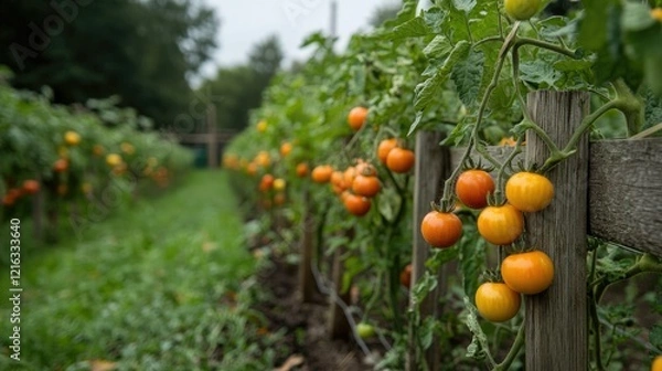 Fototapeta Organic Tomato Farm Rows in Summer Sunlight