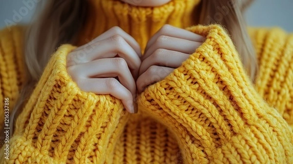 Fototapeta First-person photo of a womans hands pulling on the sleeve of a yellow sweater on an isolated white background
