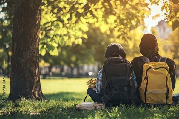 Fototapeta A pair of friends under the shade of a tree, sharing sandwiches and talking quietly