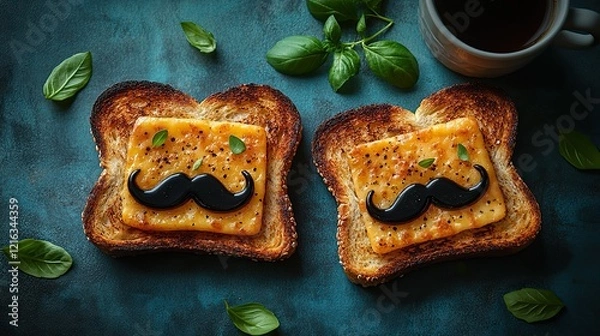 Obraz Fathers Day breakfast surprise! Behold a top view of toast with mustache-shaped cheese, coffee, and trendy accessories on a blue background with text space.