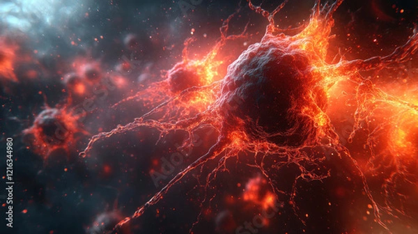 Fototapeta A microscopic image of dividing cancer cells, with vivid fluorescent markers differentiating stages