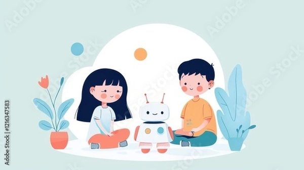 Fototapeta Children engaging with ai-powered educational toys at home playful learning environment fun interaction
